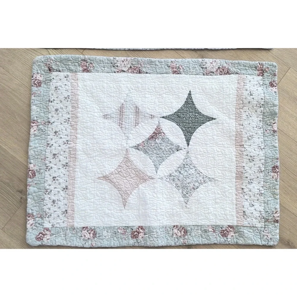 Vintage Quilted Floral Pillow Sham Cream Pink Green Cottagecore  2pc shabby Chic
